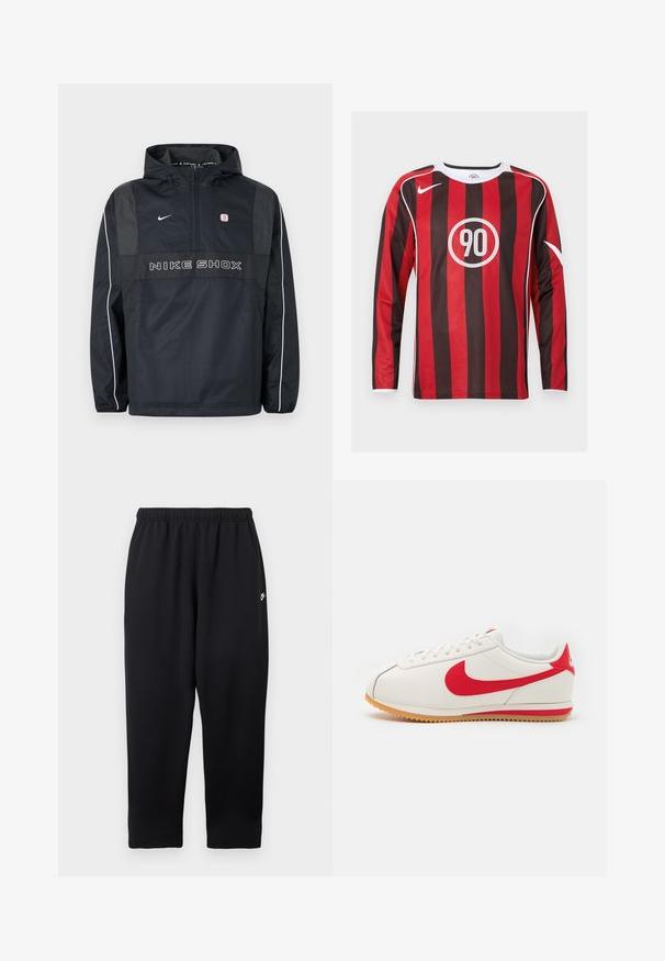 Schwarze Nike Shox Kapuzen-Pulloverjacke mit halbem Reißverschluss, weißen Paspeln an den Ärmeln, Nike-Logo und "NIKE SHOX" Schriftzug auf der Vorderseite.; Langärmliges Fußballtrikot mit abwechselnden roten und schwarzen vertikalen Streifen, weißen Akzenten, rundem Logo mit "90" und klassischem Rundhalsausschnitt.; Schwarze Jogginghose mit elastischem Bund, versehen mit einem kleinen weißen Logo auf der linken Seite. Hergestellt aus weichem, leichtem Stoff. Gerade geschnittener Beinverlauf.; Weiße Ledersneaker mit roten Akzenten, runder Zehenpartie, strukturiertem roten Swoosh, weißen Schnürsenkeln und einer Gummisohle mit gezackten Kanten.