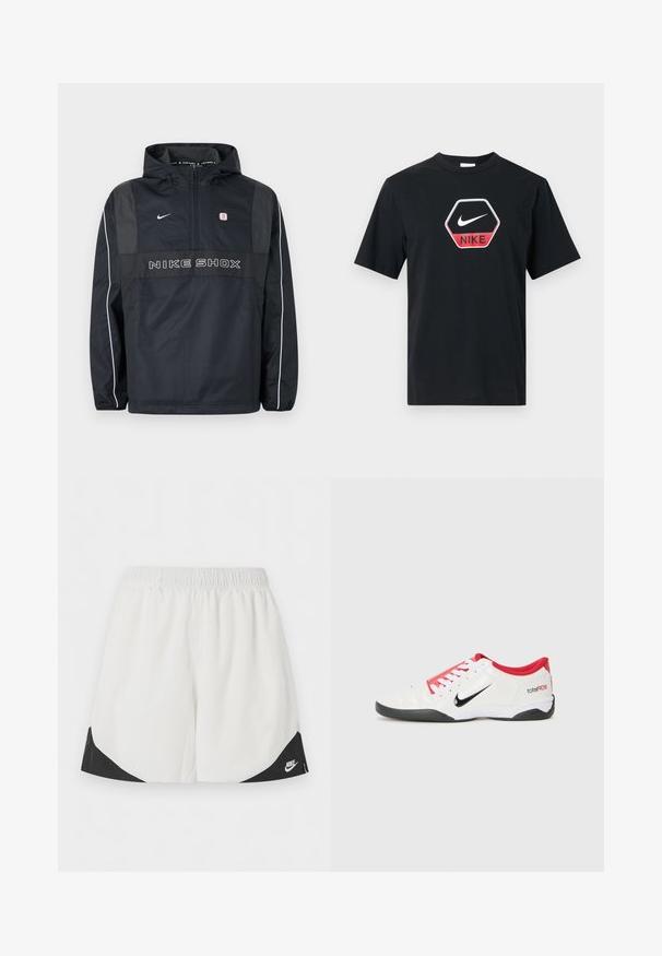 Sort Nike Shox hættetrøje med halv lynlås, hvide striber på ærmerne, Nike-logo og teksten "NIKE SHOX" på fronten.; Sort kortærmet T-shirt med sekskantet logo, der viser en hvid Nike-swoosh og en rød panel med teksten "NIKE" på brystet.; Hvide atletikshorts med elastisk taljebånd og sorte trekantede paneler nær benåbningerne, med en hvid Nike-logo på højre side.; Hvide atletiske sko med røde accenter, sort Swoosh-logo og struktureret design. Har hvide snørebånd og en sort ydersål. Teksten læser "total90."