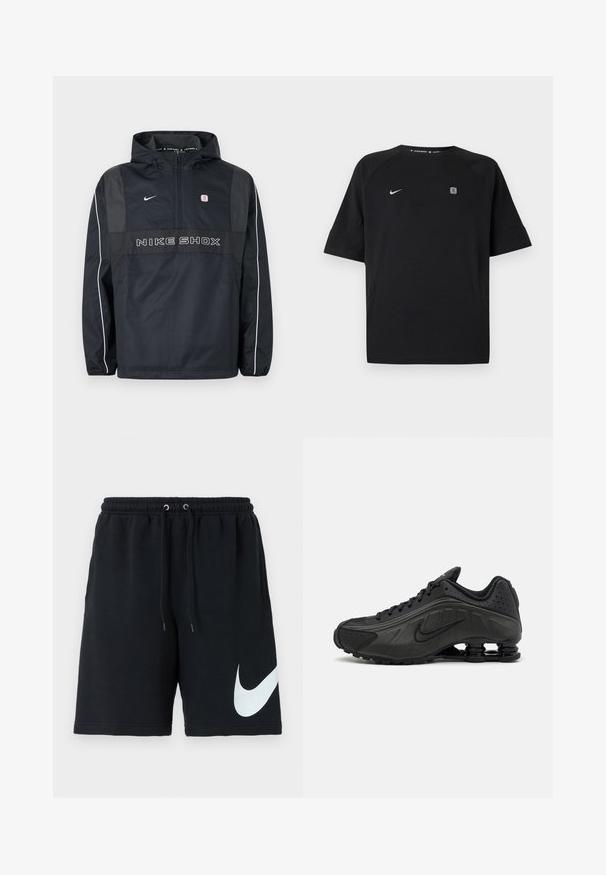 Čierna mikina Nike Shox s kapucňou a polovičným zipsom, bielym lemovaním na rukávoch, logom Nike a textom „NIKE SHOX“ na prednej strane.; Čierne športové tričko Nike s krátkym rukávom a bielym logom swoosh na ľavej strane hrude a malým štvorcovým emblémom na pravej strane hrude, jednofarebné pozadie.; Čierne bavlnené šortky s elastickým pásom, šnúrkou, bočnými vreckami a veľkým bielym logom Nike potlačeným na ľavej strane.; Čierne bežecké topánky s hladkým syntetickým zvrškom, perforovanými akcentmi, textúrovanými bočnými panelmi a výraznou pružnou podrážkou.
