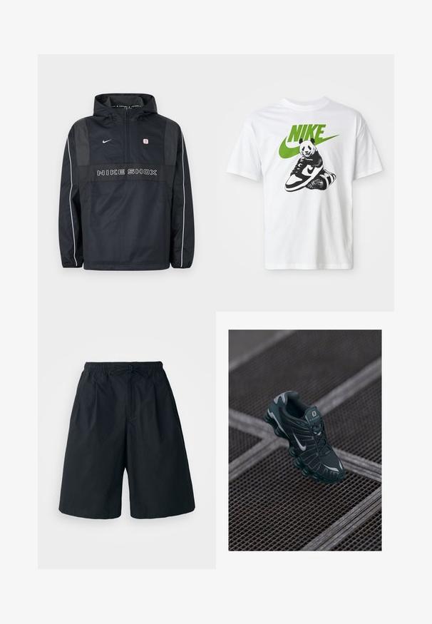 Chaqueta con capucha tipo pullover Nike Shox negra con media cremallera, ribetes blancos en las mangas, logo de Nike y texto "NIKE SHOX" en el frente.; Camiseta de algodón blanca con un gráfico en blanco y negro de un panda sosteniendo una zapatilla Nike, con un logotipo de Nike verde arriba.; Pantalones cortos negros con cintura elástica y cordón ajustable. Hechos de una tela suave, con un corte holgado y sin patrones visibles.; Zapatilla Nike Shox de color verde oscuro con parte superior de malla, acentos de goma y suela acolchada distintiva. Logo de Nike en plata en el lateral. Detalles texturizados visibles.