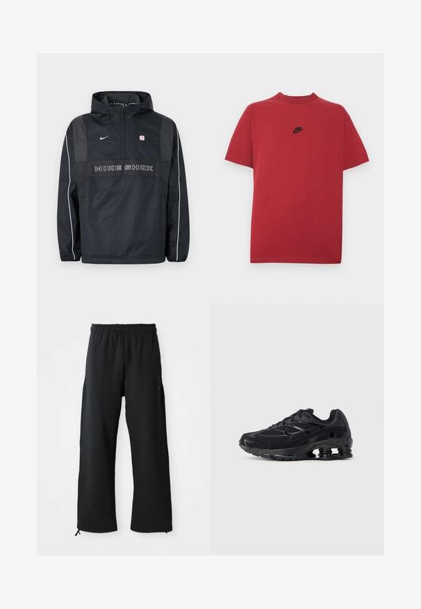 Veste à capuche noire Nike Shox avec demi-fermeture éclair, passepoil blanc sur les manches, logo Nike et texte "NIKE SHOX" sur le devant.; T-shirt en coton rouge avec un logo Nike noir sur la poitrine, manches courtes, col rond et coupe régulière. Texture lisse.; Pantalons larges noirs en tissu doux, dotés d'une taille élastique et d'un cordon de serrage, avec des poches latérales et une texture lisse.; Chaussure de sport noire avec une tige en mesh, un col rembourré et une technologie d'amorti proéminente au talon. Caractérisée par des accents texturés et des lacets.