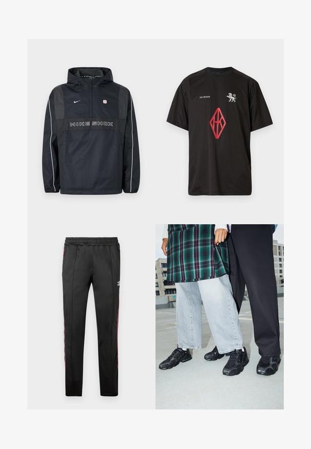 Must Nike Shoxi kapuutsiga pullover-jope pool-zippiga, valgete triipudega varrukatel, Nike logo ja "NIKE SHOX" tekst ees.; Must lühikeste varrukatega t-särk, valmistatud kergest kangast, millele on esiküljele trükitud lõvi embleem ja punane teemantlogo.; Mustad mustadest spordipükstest, mis on valmistatud siledast kangast, punaste külgtriipudega, elastse vöökohtadega ja logoga ülemisel paremal jalal.; Mustad mustad jalanõud, millel on võrkkangast ja kummist aktsendid. Kannab heledat halli laiade jalgadega teksapükse ja ruudulist rohelisest topi. Lame pind taust.