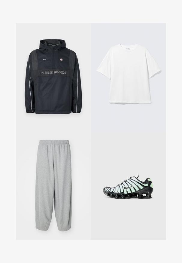 Zwarte Nike Shox capuchontrui met halve rits, witte bies op de mouwen, Nike-logo en "NIKE SHOX" tekst aan de voorkant.; Witte oversized T-shirt met korte mouwen, ronde hals en verlaagde schouders, plat op een lichtgrijze achtergrond.; Lichtgrijze, loszittende sweatpants gemaakt van zachte stof. Elastische tailleband en boorden bij de enkels. Eenvoudig en onversierd ontwerp.; Nike sportschoen met een zwart en mintgroen ontwerp, mesh bovenwerk met gebogen accenten en een opvallende zwarte dempingzool.