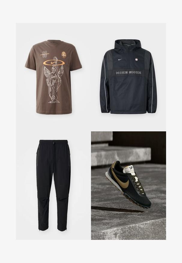 Čierna mikina Nike Shox s kapucňou a polovičným zipsom, bielym lemovaním na rukávoch, logom Nike a textom „NIKE SHOX“ na prednej strane.; Hnedé bavlnené tričko s bielym kontúrovým grafickým znázornením krídlatej sochy, logom Nike a abstraktnými tvarmi v oranžovej farbe, s krátkymi rukávmi a okrúhlym výstrihom.; Čierne, ľahké vonkajšie nohavice s elastickým pásom a nastaviteľným šnúrkovým uzáverom. Majú zipsové vrecká a zúžené manžety.; Čierno-zlatá bežecká obuv Nike s textúrovaným zvrškom a vzorovanými šnúrkami vznášajúca sa nad drsným betónovým povrchom a schodmi.