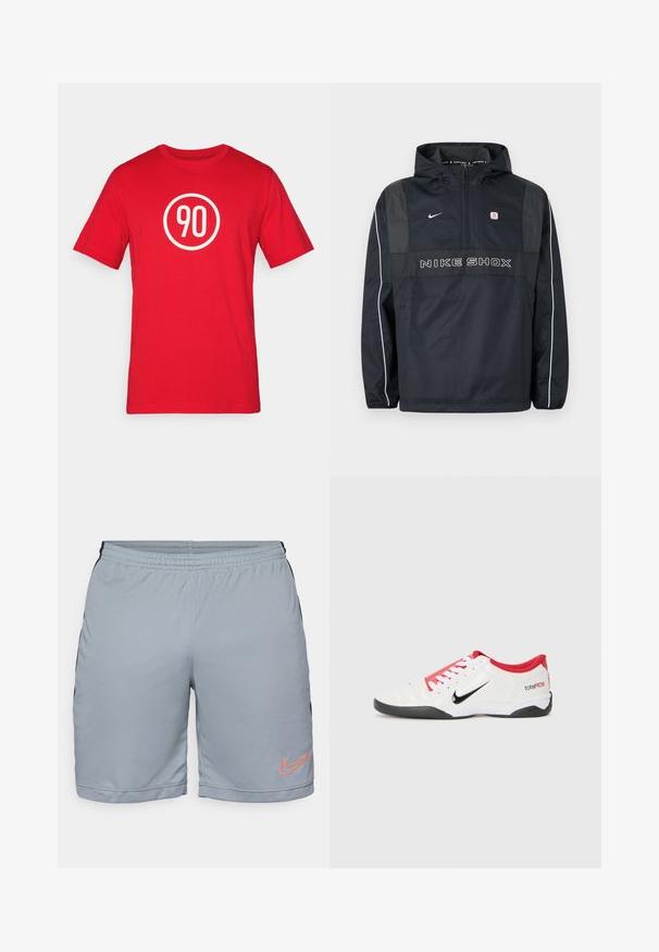 Veste à capuche noire Nike Shox avec demi-fermeture éclair, passepoil blanc sur les manches, logo Nike et texte "NIKE SHOX" sur le devant.; T-shirt en coton rouge avec un graphique circulaire blanc portant le numéro "90" au centre. Encolure classique et manches courtes.; Shorts de sport gris clair avec des panneaux latéraux noirs, une taille élastique et un ourlet en maille texturée. Présente un logo Nike orange sur la jambe gauche.; Chaussure de sport blanche avec des accents rouges, logo Swoosh noir et design texturé. Équipée de lacets blancs et d'une semelle noire. Le texte indique "total90".