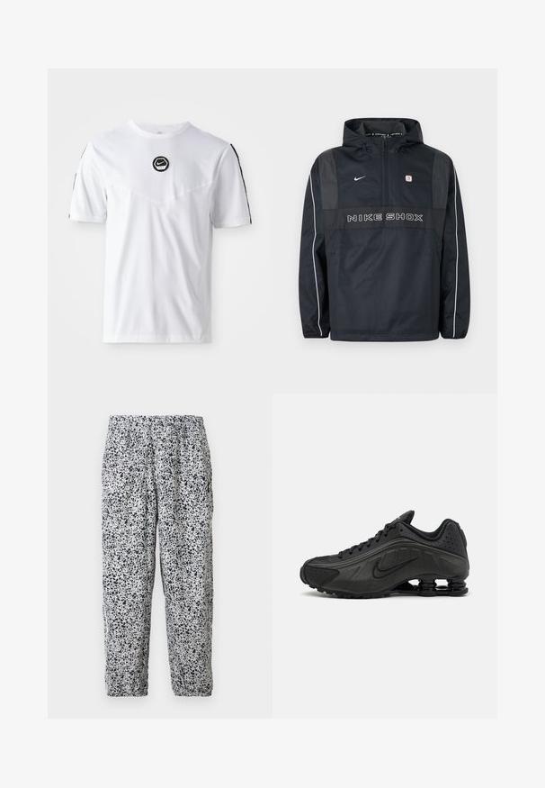 Čierna mikina Nike Shox s kapucňou a polovičným zipsom, bielym lemovaním na rukávoch, logom Nike a textom „NIKE SHOX“ na prednej strane.; Biela tričko s krátkym rukávom a okrúhlym výstrihom, na hrudi s čiernym kruhovým logom Nike a čiernymi akcentovými pruhmi na pleciach.; Biele nohavice s elastickým pásom, čiernym nepravidelným škvrnitým vzorom a elastickými manžetami, visiace na jednoduchom pozadí.; Čierne bežecké topánky s hladkým syntetickým zvrškom, perforovanými akcentmi, textúrovanými bočnými panelmi a výraznou pružnou podrážkou.