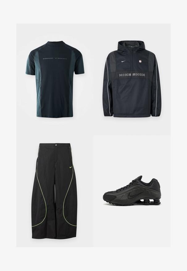 Chaqueta con capucha tipo pullover Nike Shox negra con media cremallera, ribetes blancos en las mangas, logo de Nike y texto "NIKE SHOX" en el frente.; Camiseta Nike Tech de manga corta, con un cuerpo en azul marino oscuro y paneles laterales en teal claro, y un cuello alto. Logo impreso en la parte delantera.; Pantalones anchos negros de Nike con ribete curvado en verde neón y pequeño logo de swoosh de Nike en el muslo derecho, cierre de botón y cremallera en la cintura.; Zapatillas de running negras con un upper sintético liso, detalles perforados, paneles laterales texturizados y una suela distintiva y elástica.