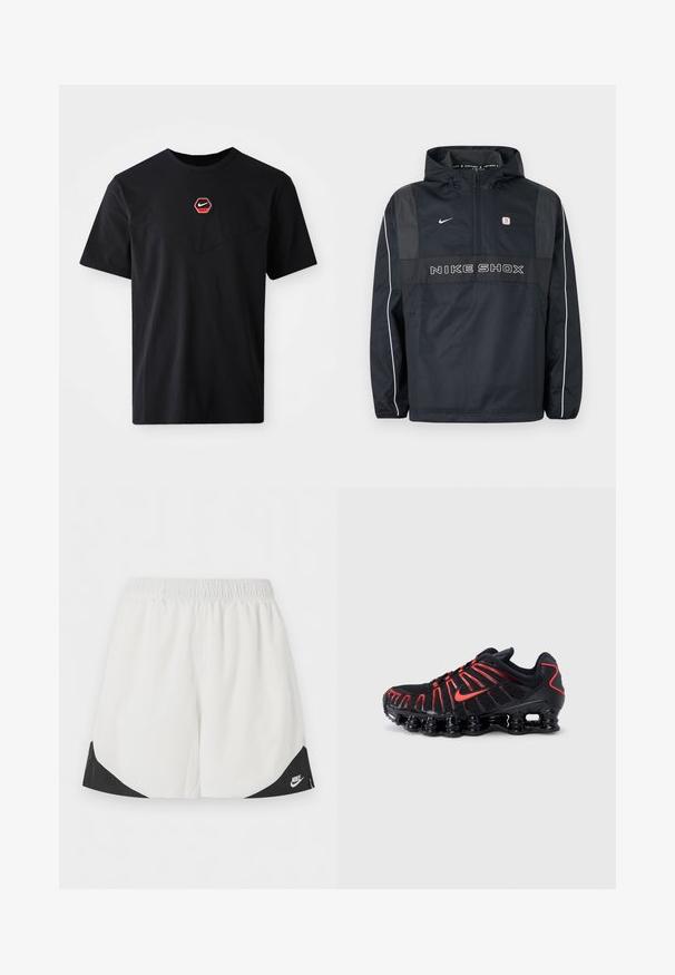 Sort Nike Shox hættetrøje med halv lynlås, hvide striber på ærmerne, Nike-logo og teksten "NIKE SHOX" på fronten.; Sort kortærmet T-shirt i bomuld med et sekskantet rødt og hvidt Nike-logo på brystet og en rund halsudskæring.; Hvide atletikshorts med elastisk taljebånd og sorte trekantede paneler nær benåbningerne, med en hvid Nike-logo på højre side.; Sorte atletiksko med røde detaljer, der har en struktureret mesh-overdel, et unikt bølget design og en formstøbt polstret sål.