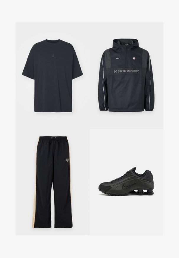 Schwarze Nike Shox Kapuzen-Pulloverjacke mit halbem Reißverschluss, weißen Paspeln an den Ärmeln, Nike-Logo und "NIKE SHOX" Schriftzug auf der Vorderseite.; Schwarzes Baumwoll-T-Shirt mit lockerem Schnitt, rundem Hals, kurzen Ärmeln, mit einem dezenten Logo und dem Text "AIR" über dem Logo in der Mitte.; Schwarze Nike Trainingshose mit beigen Seitenstreifen, elastischem Bund, Kordelzug und kleinem weißem Logo am oberen linken Bein.; Schwarze Laufschuhe mit einem glatten synthetischen Obermaterial, durchbrochenen Akzenten, strukturierten Seitenpaneelen und einer ausgeprägten federnden Sohle.