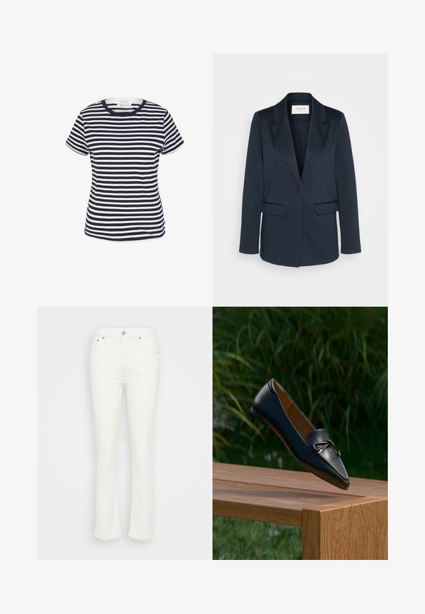 Marinblazer lavet af blødt stof, med spidse lapels, enkelt knaplukning og to forlommer. Glat tekstur med skræddersyet pasform.; Marineblå og hvid stribet t-shirt lavet af økologisk bomuld, med rund halsudskæring og korte ærmer, samt en lige kant forneden.; Hvide denim flare jeans med en mellemhøj talje, foran knaplukning og minimal syning, der tilbyder en glat overflade.; Sort læderloafer med detaljeret sløjfe, der svæver over en træbænk med grøn græs og planter i baggrunden.