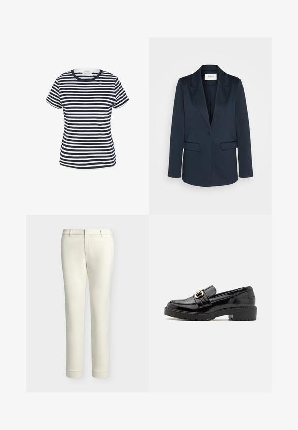 Marineblazer aus weichem Stoff, mit spitzem Revers, einem Knopfverschluss und zwei Vorderaschen. Glatte Textur mit taillierter Passform.; Navy- und weiß gestreiftes T-Shirt aus Bio-Baumwolle, mit Rundhalsausschnitt und kurzen Ärmeln, mit geradem Saum am unteren Ende.; Cremefarbene Slim-Fit-Hose mit Gürtelschlaufen und einem vorderen Reißverschluss, dargestellt auf einem schlichten hellgrauen Hintergrund.; Schwarze Lackleder-Loafer mit einem niedrigen Blockabsatz, die über eine auffällige goldfarbene Schnalle und eine strukturierte, geriffelte Außensohle verfügen.