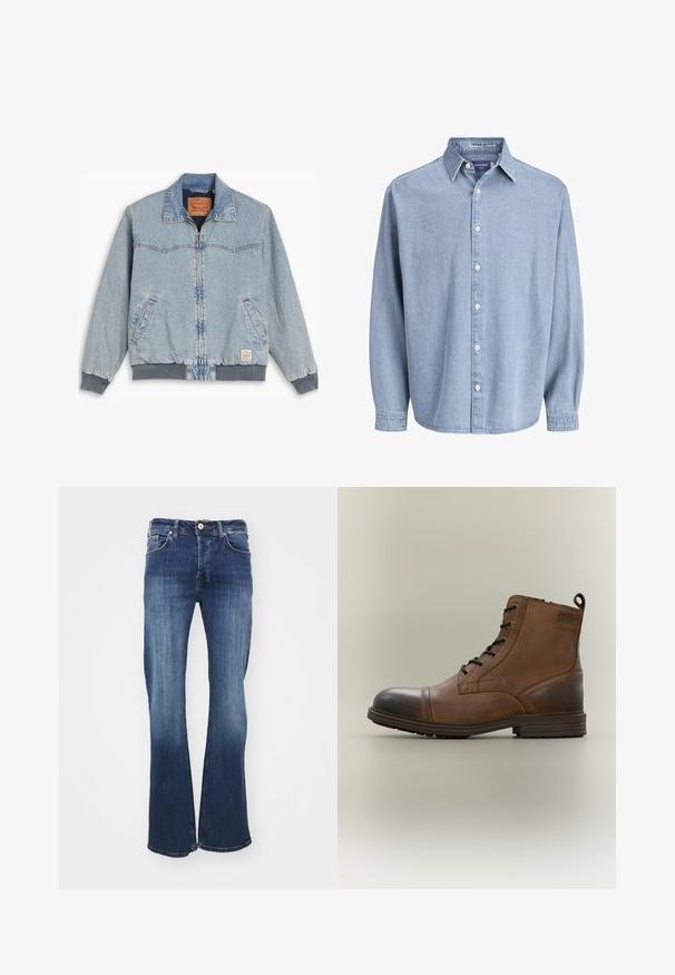 Lyseblå denimjakke med lynlås foran, ribbede manchetter og kant, to sidelommer og en klassisk krave. Synlig syning og mærkelabel indeni.; Lysblå denim skjorte med lange ærmer og knapper, med krave og hvide knapper, præsenteret mod en helt hvid baggrund.; Mørkeblå denim flare jeans med fem lommer, frontlukning med knap og subtil fading fra knæ til søm. Har en klassisk pasform og syninger.; Brun læderstøvle med snørebånd, sort tåhætte, rund sål og mærket detalje på siden mod ensfarvet baggrund.