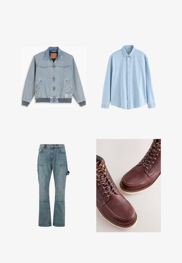 Lyseblå denimjakke med lynlås foran, ribbede manchetter og kant, to sidelommer og en klassisk krave. Synlig syning og mærkelabel indeni.; Lyseblå denimskjorte med lange ærmer, knapper og krave, medium størrelse, vist mod en hvid baggrund.; Lyseblå denim cargo bukser med lige ben-design, der har flere lommer og en knaplukning i taljen.; Brune læderstøvler med en glat finish, med metal-øjer, grå snørebånd og en cremefarvet gummisål. Syning langs kanterne som detalje.