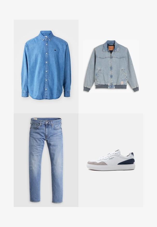 Lyseblå denimjakke med lynlås foran, ribbede manchetter og kant, to sidelommer og en klassisk krave. Synlig syning og mærkelabel indeni.; Denim button-down skjorte, lyseblå i farven, med krave, lange ærmer og et lille logo på brystet. Har hvide knapper og syninger.; Lyseblå denimjeans med forsideknaplukning, bæltestropper og fem-lomme-design vist mod en hvid baggrund.; Hvid sneakers med lavt skaft med grå ruskind foran, navy ruskind bagpå, hvide skosnørebånd og "Pepe Jeans"-logo på siden.