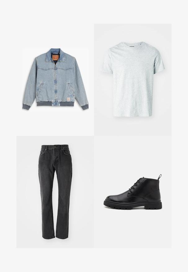 Lyseblå denimjakke med lynlås foran, ribbede manchetter og kant, to sidelommer og en klassisk krave. Synlig syning og mærkelabel indeni.; Lys grå, kortærmet t-shirt lavet af blødt stof, med en rund hals og en let afslappet pasform. Ingen synlige mønstre eller grafik.; Sorte denim jeans med lige pasform, der har fem lommer, knaplukning og syede detaljer langs sømmene og lommerne.; Sorte læder ankelstøvler med snørebånd foran, tekstureret sål og træktabs. Rund tå og robust gummisål, der forbedrer trækkraften.