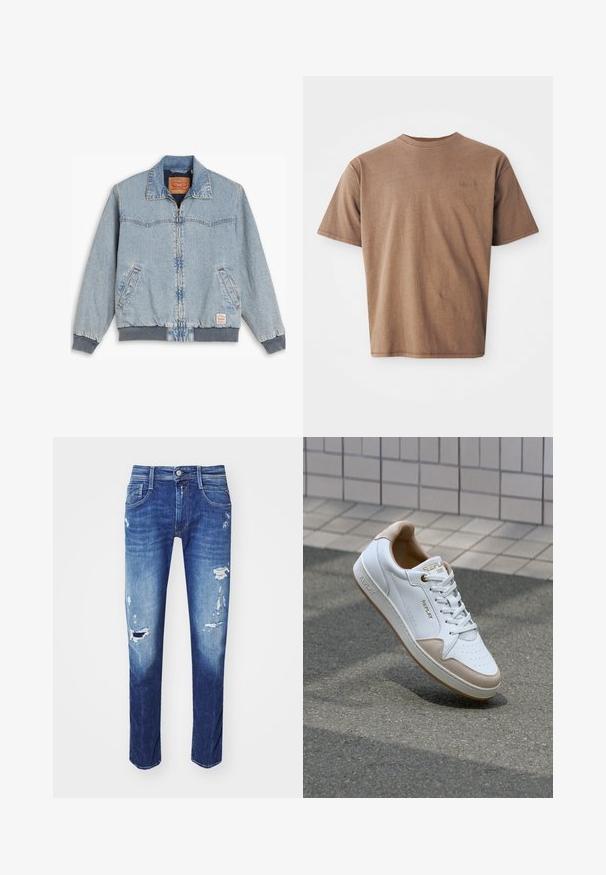 Lyseblå denimjakke med lynlås foran, ribbede manchetter og kant, to sidelommer og en klassisk krave. Synlig syning og mærkelabel indeni.; Brun bomulds t-shirt med rund hals, korte ærmer og et diskret broderet logo på venstre brystområde. Glat tekstur, afslappet pasform.; Mørkeblå denimjeans med rifter, fem-lommes design og subtilt slid. Lige ben med en ren kant.; Hvide lædersneakers med beige ruskindsdetaljer, flade snørebånd, perforeret tåboks og guldlogo på tungen og siden.