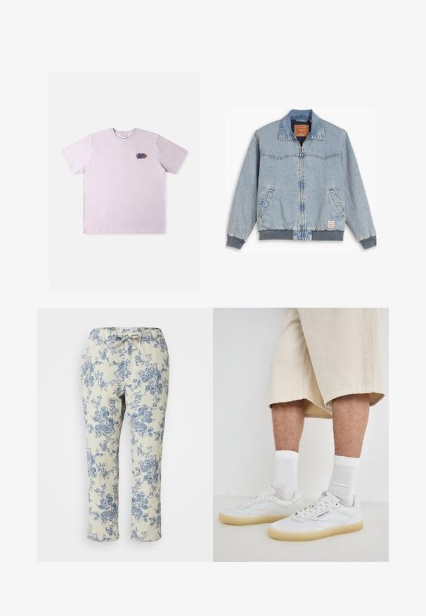 Lyseblå denimjakke med lynlås foran, ribbede manchetter og kant, to sidelommer og en klassisk krave. Synlig syning og mærkelabel indeni.; Lyserød bomuld T-shirt med korte ærmer, med en lille flerfarvet logo på venstre brystområde. Enkel, afslappet design.; WAX LONDON KURT TROUSER FLORAL - Bukser - ecru/blue; Hvide lædersneakers med gummisåler, der har perforerede detaljer, snørebånd og et logo på tungen. Båret med hvide ankelsokker og beige shorts.