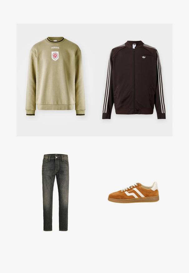 Tummanruskea Adidas-vetoketjutakki, jossa valkoiset kolmen viivan yksityiskohdat hihoissa, kokonaan edestä vetoketjullinen ja valkoinen Adidas-trefoil-logo rinnassa.; Oliivinvihreä collegepaita pyöreällä kauluksella, ribbaustuilla hihoilla ja helmalla. Varustettu brodeeratulla logolla ja punaisilla yksityiskohdilla. Sileä pinta.; Mustat haalistuneet suorat farkut, joissa viisi taskua ja napillinen kiinnitys, suunniteltu rentoon käyttöön.; Ruskeasta mokkanahasta valmistetut lenkkarit, joissa on valkoiset nahka-akselit, matala profiili, pyöreä kärki ja kontrastiset raidat sivuilla. Nauhakiinnitys.
