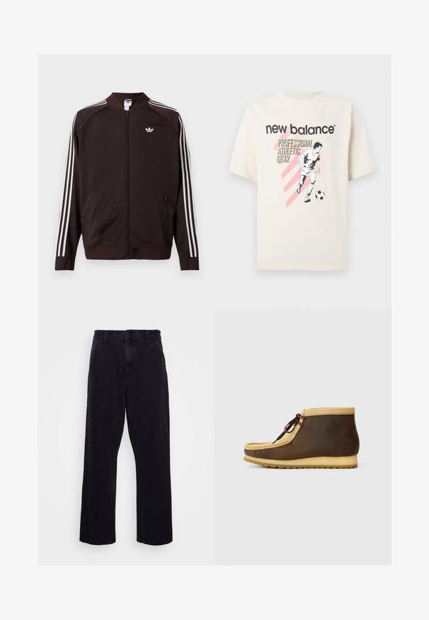 Dunkelbraune Adidas-Trainingsjacke mit weißen drei Streifen auf den Ärmeln, durchgehendem Frontreißverschluss und weißem Adidas-Trefoil-Logo auf der Brust.; Weißes T-Shirt mit dem Schriftzug "new balance", rosa diagonalen Streifen und einer schwarz-weißen Illustration eines Fußballspielers mit Ball.; Schwarze Jeanshose mit geradem Bein, ausgestattet mit einem Knopf- und Reißverschluss, Gürtelschlaufen und minimalen Nähdetails.; Braune Leder-Stiefeletten mit einem Kragen aus hellbraunem Wildleder, runder Spitze und braunen Schnürsenkeln. Sie verfügen über eine strukturierte Gummisohle für guten Halt.