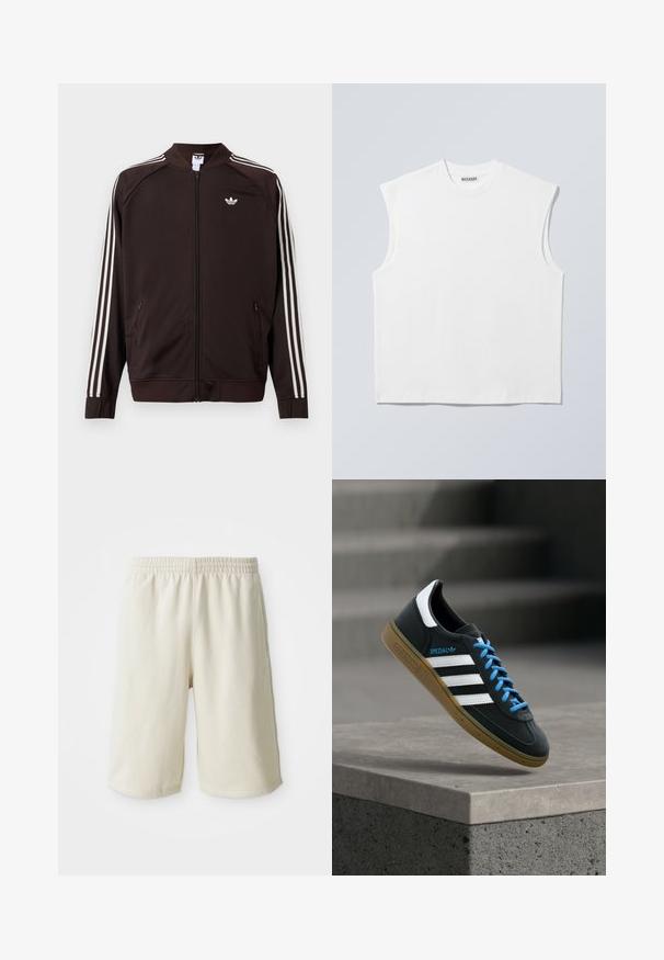 Tmavohnedá Adidas tréningová bunda s bielymi tromi pruhmi na rukávoch, celým predným zipsom a bielym logom Adidas trefoil na hrudi.; Biely bezrukávnik z bavlny s okrúhlym výstrihom a štruktúrovanými ramenami, na štítku na golieri označený značkou "WEEKDAY", zobrazený na svetlosivom pozadí.; Svetlo béžové športové šortky s elastickým pásom, hladkou textúrou a jemným logom na dolnej ľavej strane. Bez vreciek.; Čierna teniska Adidas s bielymi pruhmi, modrými šnúrkami a gumovou podrážkou, ktorá sa vznáša nad sivým betónovým schodom v mäkkom svetle.