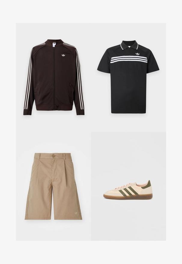 Chaqueta deportiva Adidas marrón oscuro con detalles de tres rayas blancas en las mangas, cremallera frontal completa y logo trefoil de Adidas blanco en el pecho.; Polo negro con cuello de cremallera, con tres franjas horizontales blancas en el pecho y un pequeño logotipo en la parte superior izquierda.; Bermudas de algodón beige con corte recto, pliegues frontales y cierre de botón único. Presentan un sutil logo en la parte inferior izquierda.; Zapatilla Adidas Spezial beige de perfil bajo con rayas verdes, suela de goma y la marca "SPEZIAL" en el lateral, vista desde el lado exterior.