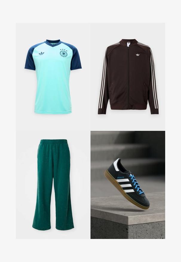 Σκούρο καφέ αθλητικό μπουφάν Adidas με λευκές τρεις ρίγες στα μανίκια, πλήρης φερμουάρ μπροστά και λευκό λογότυπο Adidas trefoil στο στήθος.; Ανοιχτό μπλε φανέλα ποδοσφαίρου με σκούρα μπλε μανίκια, λογότυπο της Γερμανικής Ποδοσφαιρικής Ομοσπονδίας με τέσσερα αστέρια στο στήθος και λογότυπο Adidas trefoil απέναντι.; Πράσινα, φαρδιά παντελόνια φόρμας με απαλή υφή, διαθέτοντας ελαστική μέση και πλαινές τσέπες. Ανθεκτικό ύφασμα με άνετη εφαρμογή.; Μαύρο αθλητικό παπούτσι Adidas με λευκές ρίγες, μπλε κορδόνια και καουτσούκ σόλα να αιωρείται πάνω από γκρίζο τσιμεντένιο σκαλοπάτι σε απαλό φως.