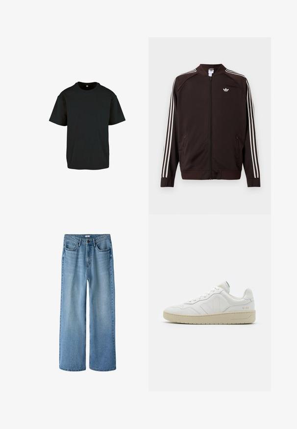 Tumepruun Adidas spordijakk valgete kolmiktriibuliste detailidega varrukatel, täielikult esiosa lukuga ja valge Adidas trefoil-logoga rinnal.; Must must t-särk ümmarguse kaelusega ja lühikeste varrukatega; omab lõdva lõiget ja siledat, tekstuurset pinda.; Hele sinise värvi kõrge vöökohaga laia säärega teksapüksid ees taskute, vööaasade, nööpklapi ja õrnade pleekimismustritega.; Valged nahast spordijalatsid tekstuurse viimistlusega ja pehmendatud kaelusega. Omab beeži kummist tallat ja diskreetset brändingut kandade ja külgede peal.