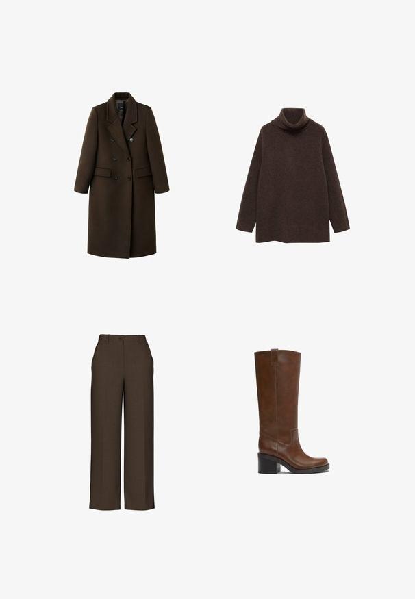 Manteau en mélange de laine marron avec un design croisé, des revers en pointe, deux poches avant et des accents de boutons. Manches longues et coupe mi-longue.; Pull turtleneck marron en tricot doux. Il présente des manches longues et une coupe décontractée avec un col haut pour plus de chaleur.; Pantalons larges marron en tissu texturé, avec une fermeture à bouton, une taille structurée et des plis repassés à l'avant.; Botte en cuir brun mi-mollet avec talon bloc et languette de tirage, finition lisse et bout arrondi sur fond blanc.