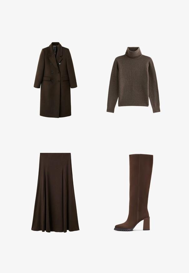 Brun uldblandingsfrakke med dobbeltknaplukning, spidse revers, to sidelommer og knapdetaljer. Lange ærmer og mellemlang skæring.; Brun turtleneck sweater i blødt, tekstureret materiale. Har ribbede detaljeringer ved hals og manchetter. Lige pasform med lange ærmer.; Brun, gulvlængde nederdel lavet af blødt, glat stof. Har subtile plisseringer, et simpelt design og en elastisk talje for komfort.; Brune knæhøje støvler lavet af blødt stof, med firkantet tå, blokhæl og en tekstureret gummisål. Rene linjer uden udsmykning.