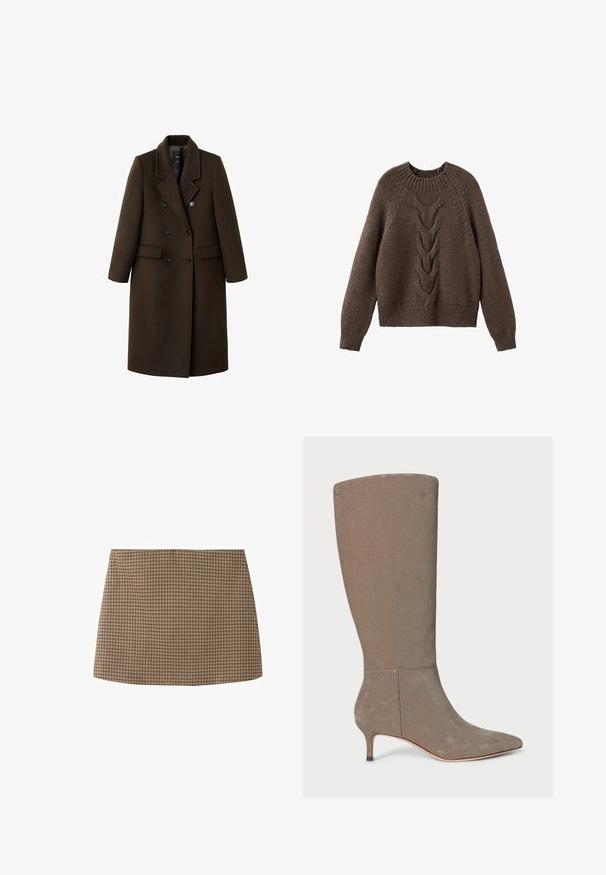 Manteau en mélange de laine marron avec un design croisé, des revers en pointe, deux poches avant et des accents de boutons. Manches longues et coupe mi-longue.; Pull en tricot marron avec un col rond, des manches longues et un motif en torsades sur le devant. Ourlets et poignets côtelés.; Jupe mini trapèze à carreaux marron et beige avec un motif quadrillé subtil, devant plat et ourlet droit.; Botte en suède grise, hauteur genou, à bout pointu et à petit talon, présentant un design épuré et un subtil detail de couture verticale.