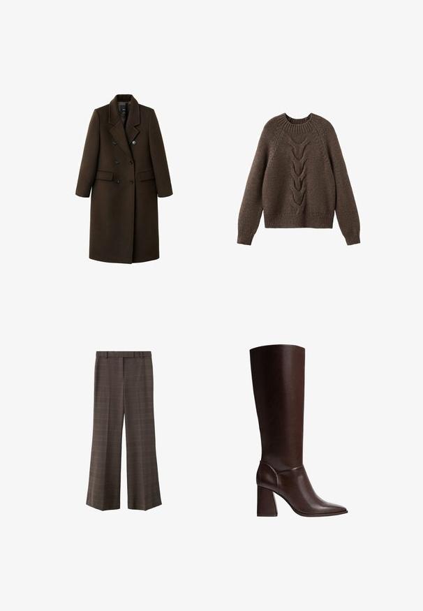 Brun uldblandingsfrakke med dobbeltknaplukning, spidse revers, to sidelommer og knapdetaljer. Lange ærmer og mellemlang skæring.; Brun strikket sweater med rund halsudskæring, lange ærmer og et kabelstrikdesign, der løber ned langs fronten. Ribbet kant og manchetter.; Brune brede benbukser med subtilt ternet mønster, bæltestropper og frontfold, vist på en hvid baggrund.; Brune læderknæhøje støvler med spidse tæer og blokhæle, der har en glat overflade og et strømlinet design. Udsmykket syning ved anklen.