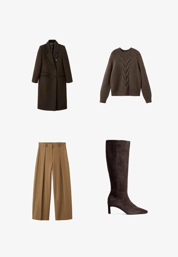 Manteau en mélange de laine marron avec un design croisé, des revers en pointe, deux poches avant et des accents de boutons. Manches longues et coupe mi-longue.; Pull en tricot marron avec un col rond, des manches longues et un motif en torsades sur le devant. Ourlets et poignets côtelés.; Pantalon marron taille haute à jambes larges avec fines rayures, plis sur le devant, passants pour ceinture et fermeture éclair dissimulée sur le devant.; Botte en daim marron haute jusqu'au genou avec un bout pointu et un talon de 3 pouces. Texture lisse, silhouette élégante et design minimaliste.