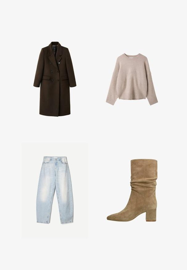 Manteau en mélange de laine marron avec un design croisé, des revers en pointe, deux poches avant et des accents de boutons. Manches longues et coupe mi-longue.; Pull beige en laine à manches longues avec col rond côtelé, poignets et ourlet, présenté sur fond blanc.; Jean en denim bleu clair à coupe décontractée, avec une finition délavée, deux poches avant et une fermeture par bouton au niveau de la taille.; Bottines en daim taupe avec un design décontracté, bout pointu et talon bloc. Texture lisse avec des coutures le long des côtés.