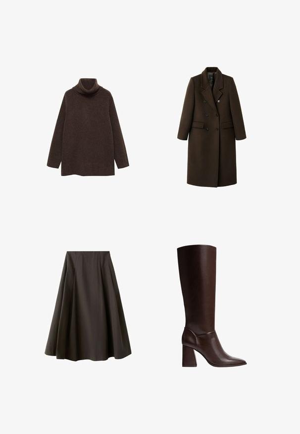 Brun uldblandingsfrakke med dobbeltknaplukning, spidse revers, to sidelommer og knapdetaljer. Lange ærmer og mellemlang skæring.; Brun turtle neck sweater lavet af blødt strikstof. Har lange ærmer og en afslappet pasform med høj krave for ekstra varme.; Sort A-formet nederdel med høj talje og vid nederste kant, lavet af glat stof, vist mod en hvid baggrund.; Brune læderknæhøje støvler med spidse tæer og blokhæle, der har en glat overflade og et strømlinet design. Udsmykket syning ved anklen.