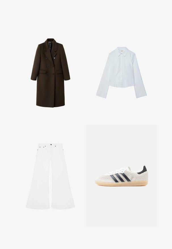 Bruine wolmix jas met een dubbelzijdig ontwerp, notch revers, twee voorzakken en knoopaccenten. Lange mouwen en een middellange snit.; Witte lange mouwen cropped shirt, knoopsluiting aan de voorkant met een puntige kraag, gladde textuur en subtiele glans, met een rechte zoom.; Witte uitlopende jeans van denim, met een knoopsluiting, vijf zakken en zwarte metalen hardwareaccenten.; Witte sneakers van mesh met een zwart ontwerp van drie strepen, een ronde neus en een rubberen gumzool. Voorzien van een zachte hielkraag en een vetersluiting.