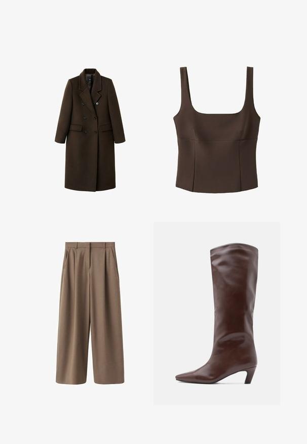 Manteau en mélange de laine marron avec un design croisé, des revers en pointe, deux poches avant et des accents de boutons. Manches longues et coupe mi-longue.; Top marron sans manches, court, avec un large décolleté carré et des coutures ajustées, en tissu texturé.; Pantalons marron à jambe large avec une texture lisse, des plis avant et une taille haute. Dotés d'un design ajusté et de poches latérales.; Botte en cuir brun montant jusqu'au genou, avec un bout pointu et un talon effilé. Texture lisse avec un design élégant et minimaliste.