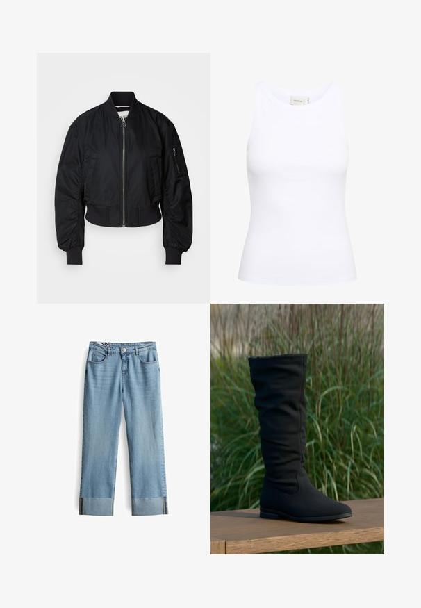 Zwarte bomberjack van gladde stof, met een ritssluiting aan de voorkant, ribgebreide manchetten en een cropped ontwerp met subtiele plooidetails op de mouwen.; Witte geribde tanktop met een ronde halslijn en zonder mouwen. Rekbaar materiaal en een aansluitend ontwerp. Het label op de achterkant zegt "GESTUZ."; Lichtblauwe spijkerbroek met een rechtotige snit, voorzien van een knoopsluiting, vijf zakken en wijde omgeslagen benen.; Zwarte kniehoge laars van zachte stof, met een nonchalant ontwerp, een puntige neus en een platte zool, afgebeeld tegen een grasachtige achtergrond.