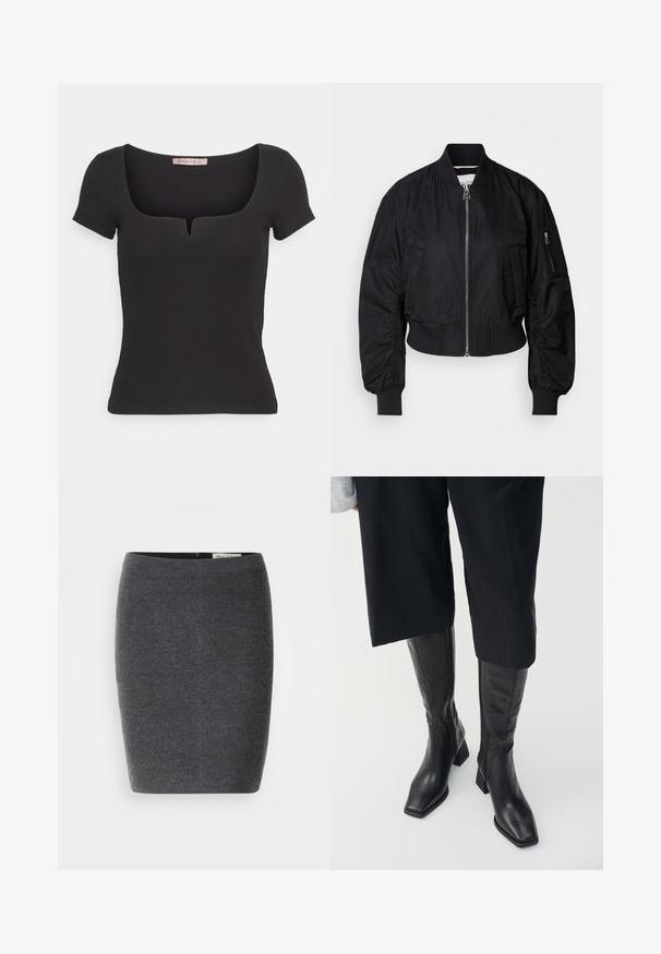 Schwarze Bomberjacke aus glattem Stoff, mit einem Reißverschluss vorne, gerippten Bündchen und einem verkürzten Schnitt mit dezenten Raffungselementen an den Ärmeln.; Schwarzes kurzärmliges Oberteil aus geripptem Material, mit einem quadratischen Ausschnitt und einem kleinen Schlitzdetail. Schlichtes, körpernahes Design.; Grauer Wollbleistiftrock mit glatter Textur und enger Passform, ausgestattet mit einem diskreten Bund und ohne sichtbare Verzierungen.; Schwarze Lederstiefel bis zum Knie mit quadratem Zehen und Blockabsatz. Mit einem seitlichen Reißverschluss und glatter Textur.