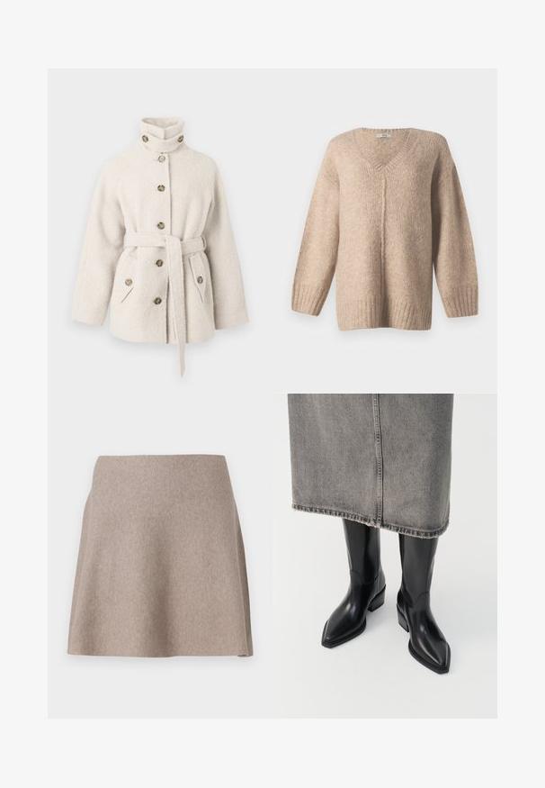Cremefarvet uldblandingsfrakke med høj krave, knaplukning foran og bælte i taljen. Har sidelommer og brune dekorative knapper.; Beige strikket sweater med V-hals, dropped skuldre og ribbet kant. Blød tekstur, afslappet pasform og diskret spottet mønster hele vejen igennem.; En beige, flagrende nederdel lavet af blødt stof med en glat tekstur og en ren kant. Enkel design uden synlige mønstre eller udsmykninger.; Sorte læder cowboy støvler med spids tå og kraftig hæl, der har en glat finish og slankt design, parret med en grå nederdel.