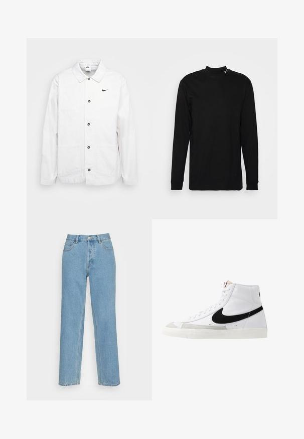 Nike Sportswear CHORE COAT - Leichte Jacke - phantom/black; Nike Sportswear MOCK NECK - Sweatshirt - black; Helle blaue gerade geschnittene Jeans aus Denim mit einem klassischen Fünf-Taschen-Design, einem vorderen Knopfverschluss und sichtbaren Nähdetails.; Weiße High-Top-Sneaker mit einem schwarzen Swoosh, strukturiertem grauen Zehenkappeneinsatz und flacher weißer Sohle. Verfügt über sechs Ösen und genähte Akzente.