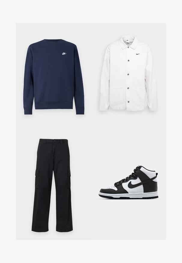 Nike Sportswear CHORE COAT - Let jakke / Sommerjakker - phantom/black; Marineblå sweatshirt lavet af blødt stof, med rund halsudskæring og lange ærmer samt en lille hvid Nike-logo på brystet.; Sorte cargo bukser lavet af bomuldsblanding, med løs pasform, to sidelommer og knaplukning. Flad tekstur med minimale udsmykninger.; Sort og hvid høj-top sneakers med læderoverdel, perforeret tåboks, fremtrædende swoosh-logo og struktureret gummisål.