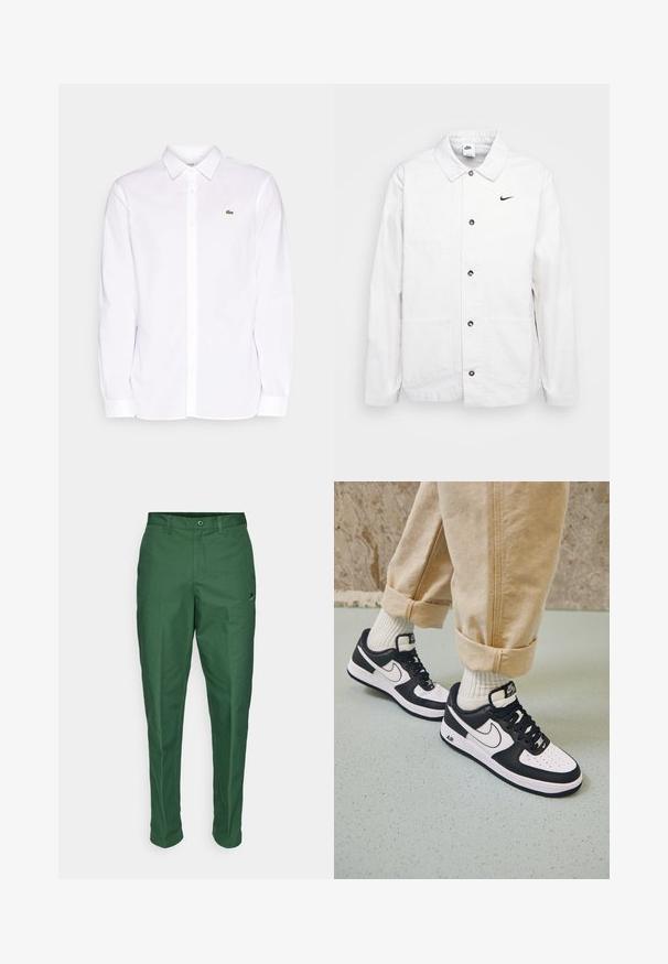 Nike Sportswear CHORE COAT - Lichte jas - phantom/black; Witte lange mouwen shirt van katoen, met een button-down kraag, een groen geborduurd logo op de linkerkant van de borst en rechte mouwen.; Groene broek van een soepele stof, met een standaard pasvorm, een gladde voorkant en een klein logoaccent nabij de tailleband.; Zwart-witte Nike Air Force 1 sneakers met een leren bovenwerk, geperforeerde neus en gestructureerde zooldetails, gedragen met opgerolde beige broek en witte sokken.