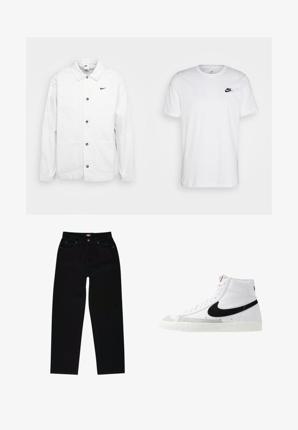 Nike Sportswear CHORE COAT - Let jakke / Sommerjakker - phantom/black; Hvid bomulds T-shirt med rund hals, korte ærmer og et sort Nike-logo på venstre bryst. Enkel, ensfarvet design.; Sorte denim jeans med lige pasform, der har fem lommer, brun syning og lynlåslukning. Glat tekstur og holdbart materiale.; Hvide høje sneakers med et sort swoosh, struktureret grå tåhætte og flad hvid sål. Har seks snørrehuller og syede detaljer.
