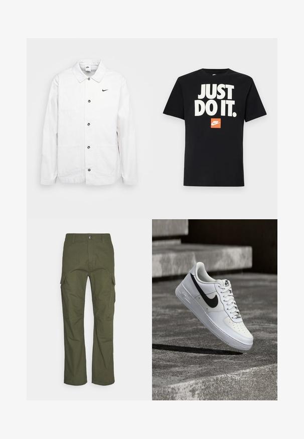 Nike Sportswear CHORE COAT - Lichte jas - phantom/black; Zwarte katoenen t-shirt met korte mouwen. Kenmerkt zich door grote witte tekst "JUST DO IT." boven een klein oranje Nike-logo. Standaard ronde halsontwerp.; Cargo-broek in donkergroen olijf, met meerdere zijzakken, een rechte pasvorm en een duurzame stof met een gestructureerde afwerking.; Witte Nike Air Force 1 sneaker met zwarte swoosh, veters gestrikt, zwevend in de lucht boven een gestructureerd betonnen oppervlak buiten.