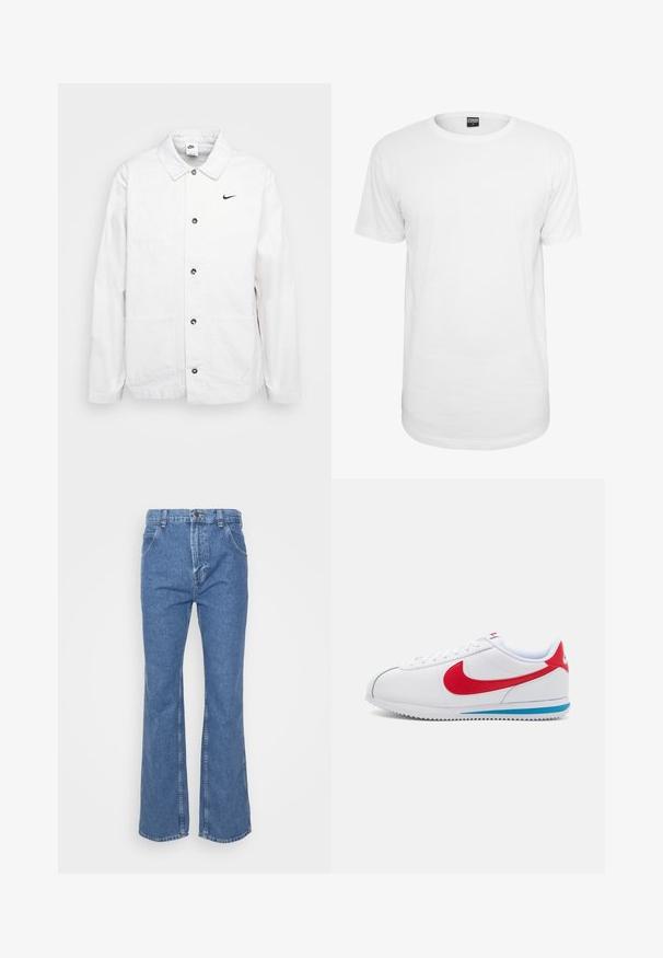 Nike Sportswear CHORE COAT - Let jakke / Sommerjakker - phantom/black; Hvid kortærmet t-shirt lavet af bomuld, med en klassisk rund halsudskæring, en afslappet pasform og uden synlige mønstre eller logoer.; Blå denim flared jeans med høj talje, der har bæltestropper, frontlommer og klassisk knaplukning. Glat tekstur, lige syninger.; Hvide sneakers med røde accenter, der har et glat læderoverdel, rund tå og en blå sål. Snørebåndsdesign med synlige syninger.