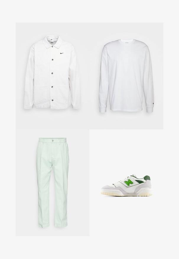 Nike Sportswear CHORE COAT - Chaqueta fina - phantom/black; Camiseta blanca de manga larga hecha de algodón. Diseño de cuello redondo con puños acanalados y un pequeño logo en la manga izquierda. Textura suave.; Pantalones de color verde menta claro, fabricados en algodón, con un diseño de pierna recta y cierre frontal con botón y cremallera. Textura suave.; Zapatilla blanca con acentos verdes, hecha de cuero y ante. Presenta un upper texturizado, collar acolchado y una suela de goma con tacos visibles.