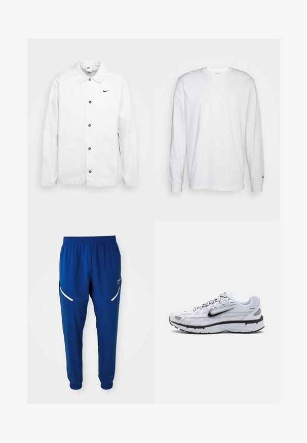Nike Sportswear CHORE COAT - Lichte jas - phantom/black; Witte lange mouwen T-shirt van katoen. Ronde hals ontwerp met ribgebreide manchetten en een klein logo op de linkermouw. Gladde textuur.; Koninklijk blauwe sportbroeken met elastische tailleband en boorden, witte gebogen reflecterende strepen op de dijen en een klein wit logo aan de rechterkant.; Witte hardloopschoen met een bovenkant van mesh, ronde neus, zwarte accenten en een geëtst zool. Kenmerken van veters en branding aan de zijkant.