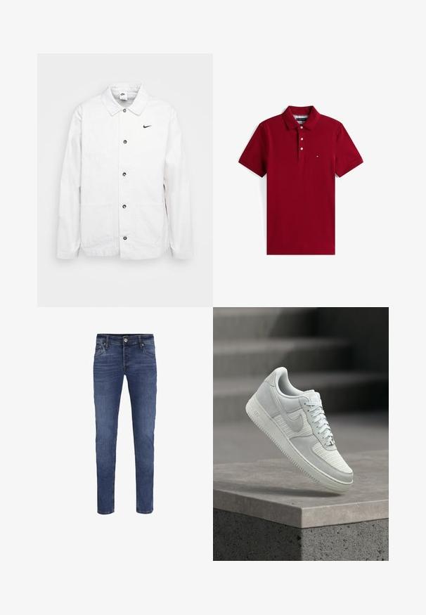 Nike Sportswear CHORE COAT - Let jakke / Sommerjakker - phantom/black; Rød polo t-shirt med korte ærmer, tre-knap lukning og lille broderet logo på venstre bryst.; Slim-fit blå denim jeans til mænd med knap- og lynlåslukning, for- og baglommer samt subtile blege detaljer.; Hvid Nike Air Force 1 sneaker med mesh og læderpaneler, snørebånd bundet, svævende over en betonrækværk mod en sløret baggrund af trapper.