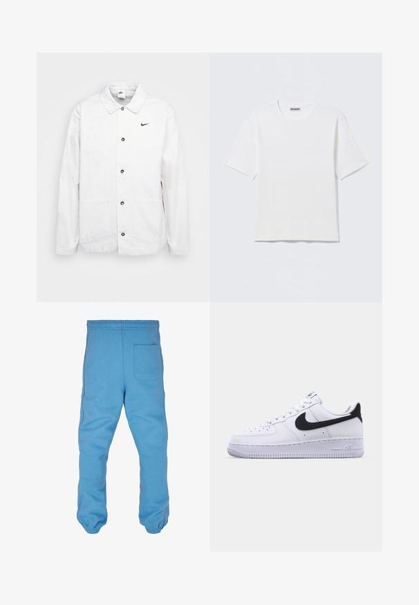 Nike Sportswear CHORE COAT - Leichte Jacke - phantom/black; Schlichtes weißes T-Shirt mit kurzen Ärmeln und Rundhalsausschnitt, mit einem kleinen "WEEKDAY"-Etikett an der Innenseite des Rückenkragens, auf einer flachen Oberfläche liegend dargestellt.; Helle blaue Sweatpants aus weichem Baumwollmaterial. Sie verfügen über einen elastischen Bund, tapered Beinsäume und eine Taschen hinten.; Weißes Leder-Sneaker mit einem strukturierten schwarzen Swoosh, flachen Schnürsenkeln und einer Gummisohle mit genoppetem Muster. "AIR" ist auf der Ferse eingeprägt.