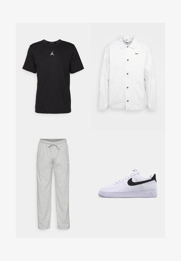 Nike Sportswear CHORE COAT - Let jakke / Sommerjakker - phantom/black; Sort bomulds t-shirt med korte ærmer, rund hals, med et hvidt Jumpman-logo på brystet og en glat, let tekstur.; Lys grå sweatpants lavet af blødt stof. Har en elastisk talje med snøre og Nike-logo i sort på venstre lår.; Hvide lædersneakers med en struktureret sort Swoosh, flade snørebånd og en gummisål med et rillemønster. "AIR" er præget på hælen.